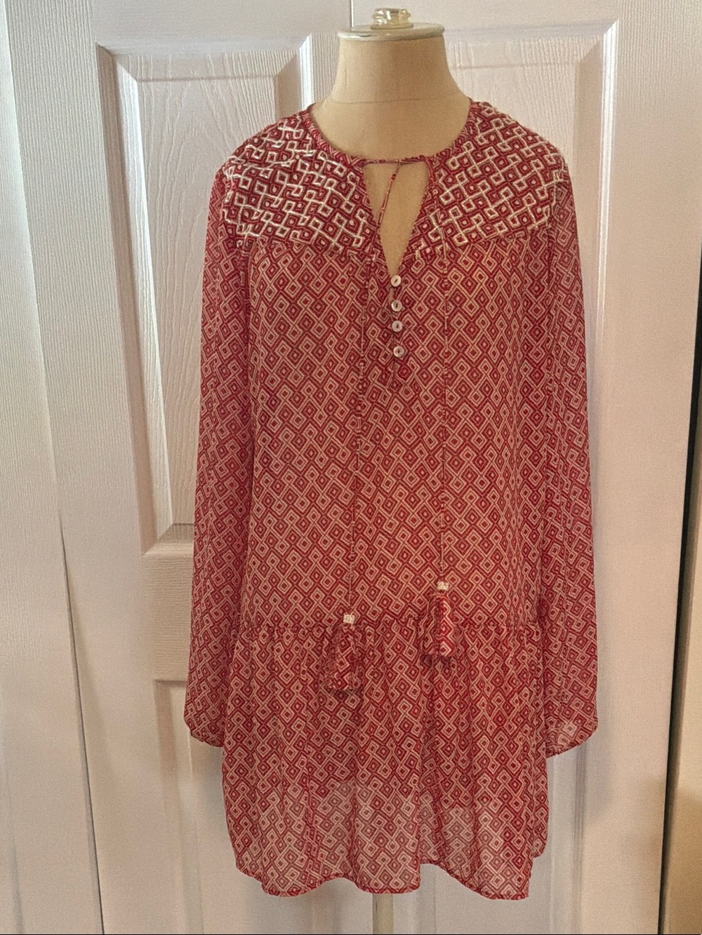 Christophe Sauvat Red Printed Mini Dress with Tassel Tie